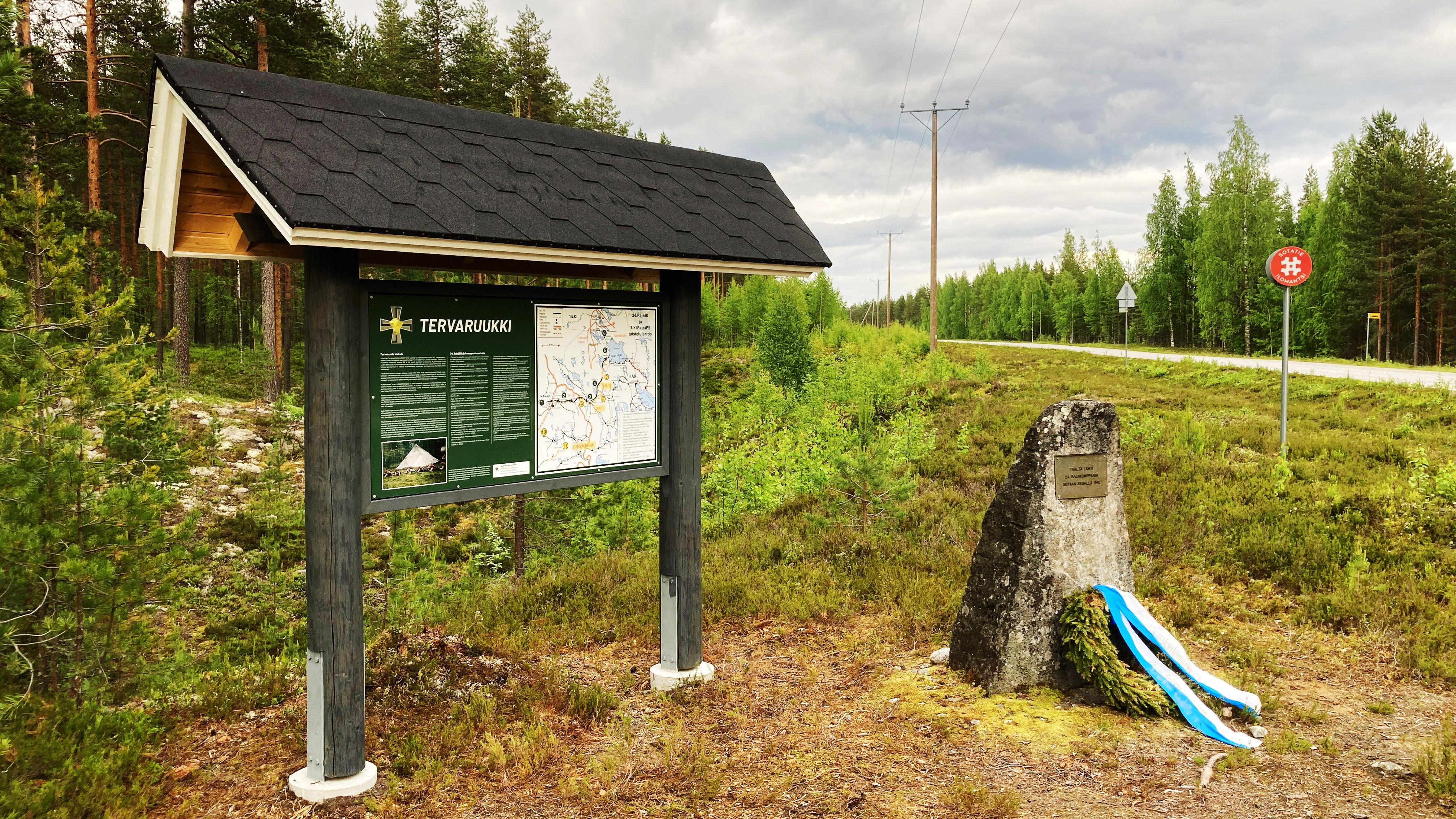 An anti-tank rock stands at Tervaruukki as a war memorial.