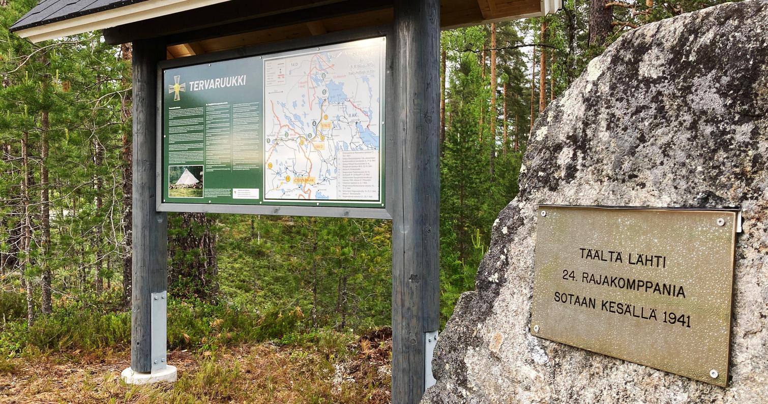 An anti-tank rock stands at Tervaruukki as a war memorial.